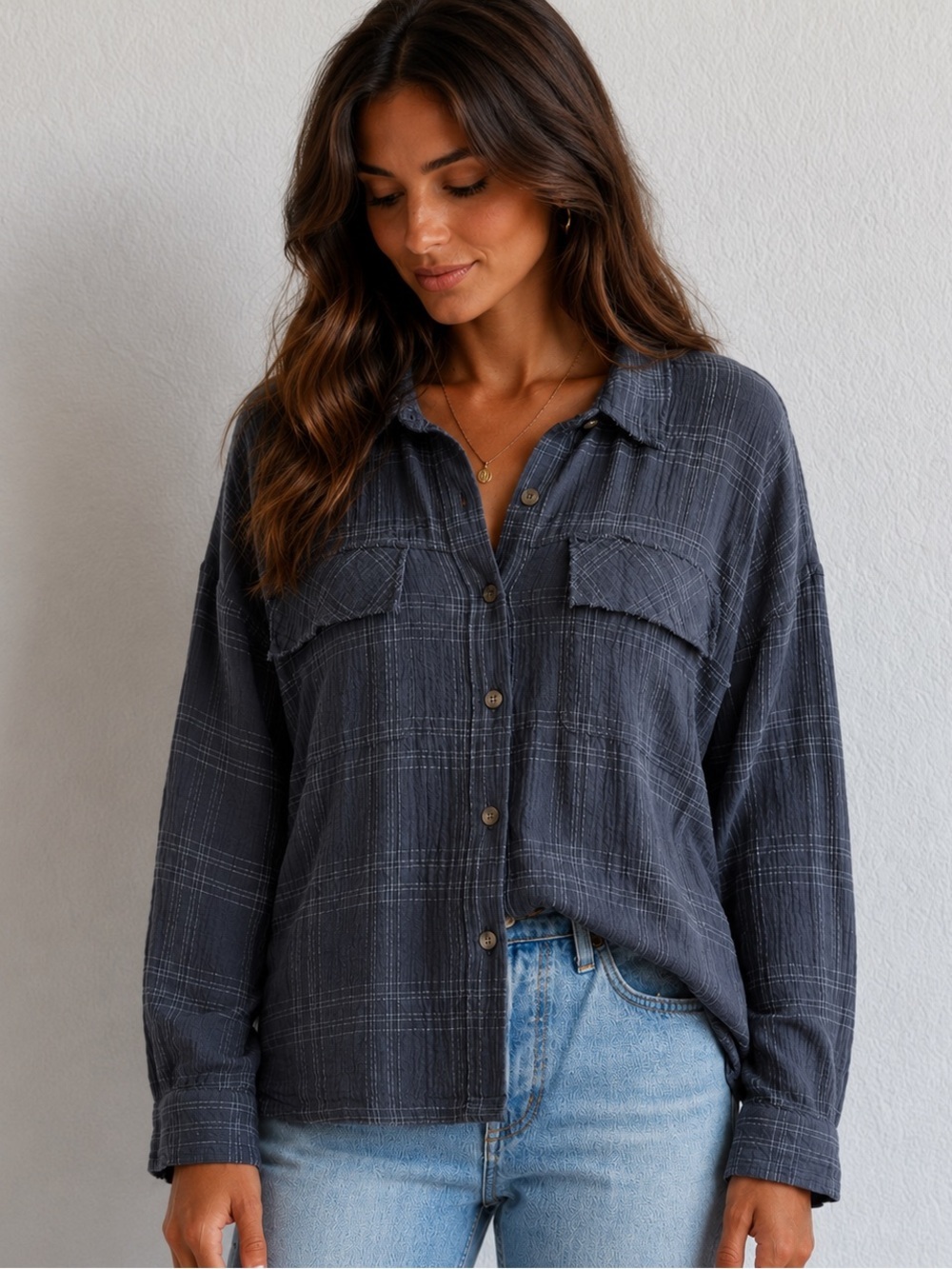 Liz Gauze Cotton Blend Supplies by Union Bay Galaxy Gray Mini White Plaid Shirt